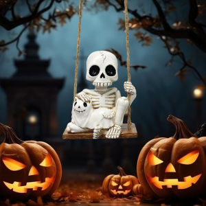 1pc Halloween Swing Skull Holding Ghost Cat Statue Garden Home Furnishing Bedroom Outdoor Balcony Decoration Party DIY Supplies
