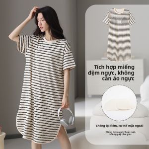 MiiOW | Pure Cotton Cat Person Home Clothes Summer Thin Short Sleeve Sleep Dress With Chest Pad Womens Sleepwear Home Comfortable