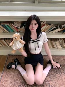 Sweet And Spicy Sister Korean Style School Uniform Set JK Uniform Bowtie Sailor Collar White Shirt Black Pleated Skirt