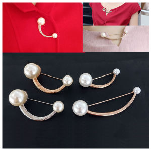 Double-Head Large Pearl Womens Brooch Minimalist Arc Pin Collar Decoration Anti-Light Accessory for Coat Cardigan Buckles