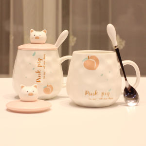 Ceramic Cup Creative Trendy Piggy Lid Spoon Cute Girl Breakfast Cup Gift Japanese Style Cartoon Adult Capacity 301mL-400mL