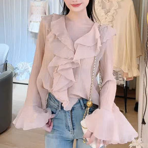 SHUAIYUE | Áo Blouse Ôm Body Cổ V bèo nhún màu Hồng