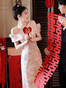 ชุดแต่งงานแขนกุดสีชมพู ชุดราตรียาวเอวกลางสไตล์เกาหลี ชุดราตรียาวปานกลาง ชุดราตรีสั้น เดรสผู้หญิง ชุดราตรี