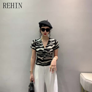 REHIN V-neck zebra pattern slimming short sleeve T-shirt versatile slim fit s-3xl trendy elegant blouse for women