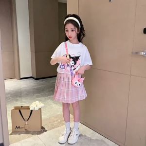 【🇵🇭READY STOCK】Girls Dress 2-piece Set Sweet Academy Style Set Summer Girl 5-16yrs Suit Pleated Skirt Set Pleate Graceful Girls Sets Jk Uniform Kuromi Sweet Girl T-shirt and JK Dress Cartoon Cute 130-160cm Kuromi Summer