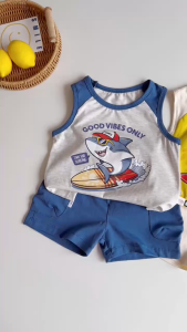 Set ba lỗ áo thun phối màu họa tiết Baby Shark kèm quần short bé trai 1 tới 7 tuổi BERNIE H0326B34