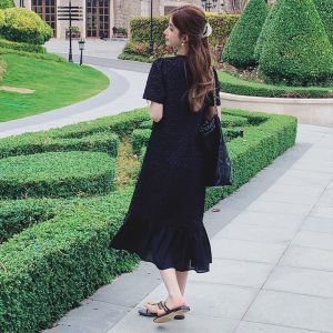 Hebe Style Texture Black Dress Womens Unique Beautiful Elegant High Fish Tail Long Skirt A-Line Silhouette Short Sleeve