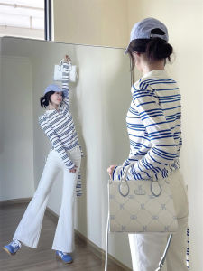 Sweet Korean Style Womens Long Sleeve Polo Neck T-Shirt Blue White Stripes Slimming Spring Autumn Design Casual Fashion Top