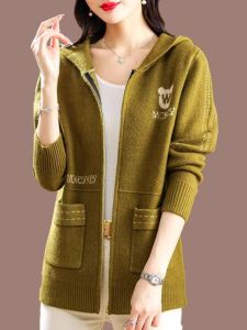 Spring Autumn Hooded Cashmere Knitted Long Sleeve Womens Cardigan Sweatshirt Loose Fit Korean Style Versatile Woolen Coat