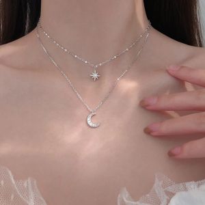 【PrettySet】Fashion Simple Double Layer Star Moon Charm Necklace Delicate Clavicle Chain Zircon Necklace For Women Jewelry