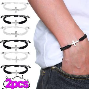 2Pcs Fashion Stainless Steel Cross Braided Bracelet Black White Simple Couple Hand Rope Women Men Adjustable Bangle Christian Souvenir