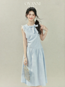 OUYANGXI | Đầm Hè Màu Xanh Thiết Kế Elegante Không Tay