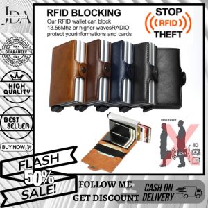 100% High Quality New Fashion Double Layer Automatic Popup Leather Aluminum Alloy Luxury Smart Wallet For Men Anti Theft RFID Blocking Protected Card Case Fashion Purse Credit Card Holder  BusinessID Card Holder With Hasp For Women and Men.