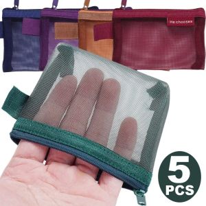 5Pcs Nylon Mesh Storage Bags Square Zipper Bag Coin Bank Card Key Earphone Portable Pouch Stationery Bag Pencil Cases