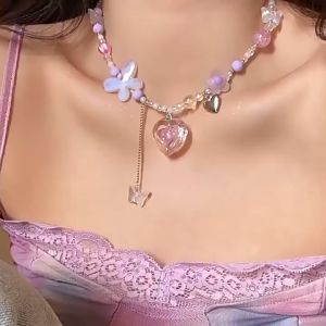 Nicedays🍒 Kalung Manik-manik Berwarna-warni Liontin Kupu-kupu Hati Manis Rantai Tulang Selangka Kalung Gadis Serbaguna