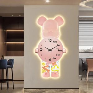 Wall Aesthetic Bear Clocks LED Lamp Unique Bear Wall Silent Light Clock Luxurious Living Room Porch Decor Interior Ornament