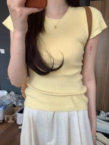 Yellow Ice Silk Knitted Short Sleeve Womens T-Shirt Slim Fit round Neck Thin Summer Leisure Style Korean Version Shoulder Length