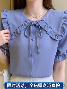 French Ruffle Sleeve Womens Summer Loose Short Sleeve Chiffon Shirt Wooden Edge Ear Cute Collar Tie Belted Versatile Doll Neck Top