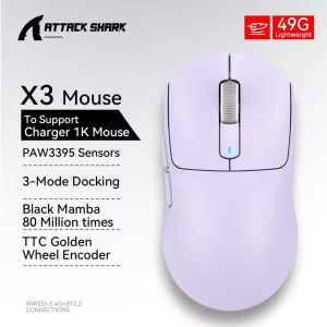 ATTACK SHARK | ATTACK SHARK X3 Wireless Tri Mode Gaming Mouse49g Ergonomic PC Mouse PAW3395 26K DPI Optical SensorProgrammable Buttons