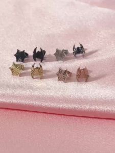 Gothic Halloween Spider Web Asymmetric Earrings For Women Punk Wolf Head Animal Black Color Piercing Ear Surgical Steel Stud