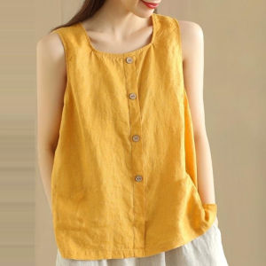 Artistic Cotton Linen Sleeveless Vest Loose Fit Button up Summer Top Womens Fashion Sun Protection Clothing