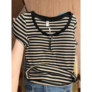 Retro Korean Style Striped Short Sleeve T-Shirt Womens Slim Fit Summer Design Unique High Waist Straight Cut Elegant Top