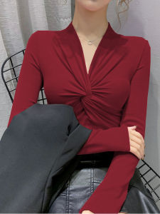 Retro Hong Kong Style Long Sleeve T-Shirt Womens Spring Autumn New Sweet And Spicy Pure Desire V-neck Short Top