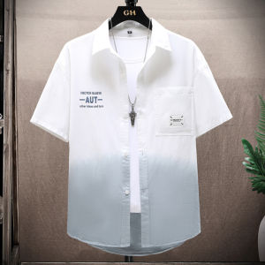Loose Short Sleeve Mens Shirt Summer Casual Gradient Workwear Printed Cotton T-Shirt Fashionable Turn-down Collar Outerwear