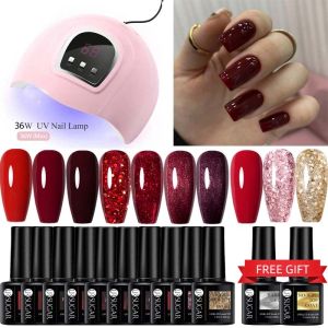 เล็บเจลสีหวาน ชุดแต่ง 13 ชิ้น พร้อม เล็บเจลเครื่องมือ LED UV แสงไฟ ผู้เริ่มต้นชุดอุปกรณ์เล็บผู้เริ่มต้น ล็บสีแดง แช่น้ำชุด