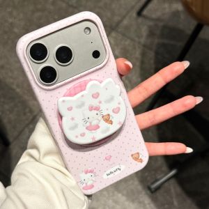 Sanrio | Cute Cartoon Pink Polka Dot Angel Hello Kitty Magnetic Stand Holder Phone Case For 17 16 15 Pro Max 17 Pro Shockproof Cover