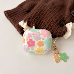 Beautiful Dopamine-Color Flowers Pattern Transparent Glossy Earphone Case with Flower Pendant Cover for AirPods 1 2 3 4 Pro Pro2