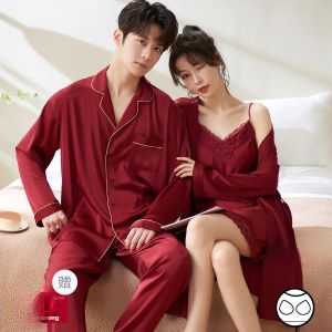 Elegant Ice Silk Couples Pajamas Red Wedding New Years Celebration Mens Long Sleeve Button Decorated Luxury Home Clothes