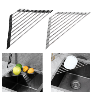 Stainless Steel Foldable Dish Drying Rack Over Sink - Collapsible Fruit Veg Basket & Utensil Holder for Kitchen Counter