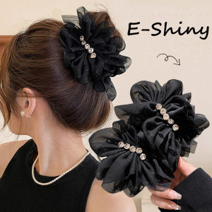 Spring Black Chiffon Rhinestone Hair Claw / Vertical Banana Barrettes Clip for Women Girls Ponytail Holder Hair Accessories