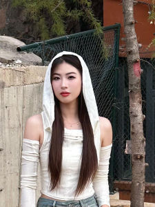 Retro Hot Girl Hooded Short T-shirt Women Slim Fit Distressed Style Sweet And Spicy Summer No Sleeve Clothing Design