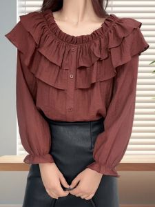 Fashion Elegant Ruffle round Neck Long Sleeves Female 2024 Autumn New Arrival Lazy and Versatile Slim Looking Younger Shirt Tops