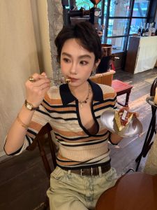LIHONGYI | Striped Color-block V-neck Slimming Summer Knit Top