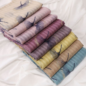Jifang Stamping Gold Ginkgo Leaf Prints Striped Stripes Cotton Linen Shawl Pashmina Scarf Raya Muslim Hijab PW50