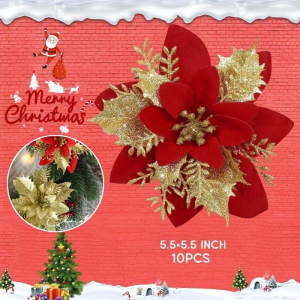 10PCS Artificial Christmas Flower With Golden Glitter Family Holiday DIY Christmas Tree Decoration