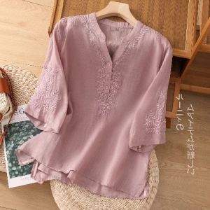 Cotton Linen Embroidered Shirt for Women Summer New Style Elegant Thin Short Sleeve T-Shirt Loose Fit V-Neck Floral Pattern