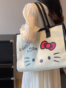 SEA YADOU  กระเป๋าสะพายขนาดใหญ่ลายเฮลโลคิตตี้น่ารักสำหรับผู้หญิง ทำจากผ้าใบ มีซิปและช่องเก็บของภายใน เหมาะสำหรับใช้ในชีวิตประจำวันและเดินทาง