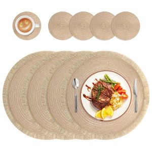 Set of 4 Braided Cotton Placemats with Coasters Washable Heat Resistant Mats Boho Woven Table Mats for Christmas Dining Table