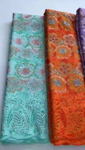 Fashion African Swiss Voile Lace Fabric Orange Blue Floral Embroidery Rhinestones Premium Nigerian Cotton Lace For Women Dresses