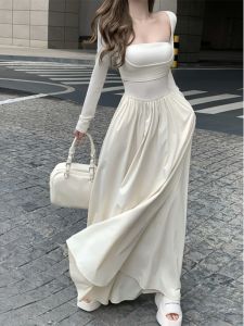 Korean Style Atmosphere Wear Fake Two-Piece Dating Dress Womens Early Autumn Waist Covering Slim Looking Beautiful Elegant Dress