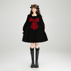 KEIKO | Ballet-style Bow Decor Velvet Evening Dress Black