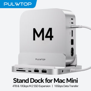 PULWTOP Mac Mini M4 Dock Stand with M.2 SSD Enclosure USB A/C 10 Gbps USB A 2.0 SD/TF Audio for Mini M6 M5 Pro M4/M4 Pro