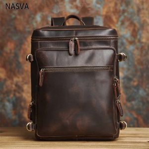 Sling Bag Men Retro Genuine Leather Backpack Crazy Horse Leather Cowhide 14 inch Laptop Backpack Leisure Travel Bag Large Capacity NASVA