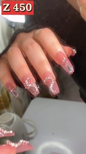 Bộ 24 móng tay giả dài đính dá đính nơ - CZ 019 - 450 sang trọng dễ thương cho nữ - Kèm keo dán móng CÓ ẢNH SP THẬT