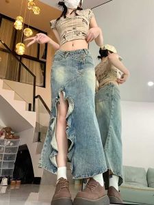 High Waist Slimming Denim Skirt Asymmetrical Slit Womens Summer Midi Fish Tail Half Body Skirts A-Line Universal Fit