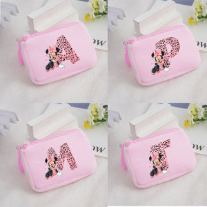 Mickey Minnie Mouse Girls Plush Coin Purse Letter A-Z Canvas Storage Bag Key Case Handbag Cartoon Anime Kids Birthday Cute Gifts
